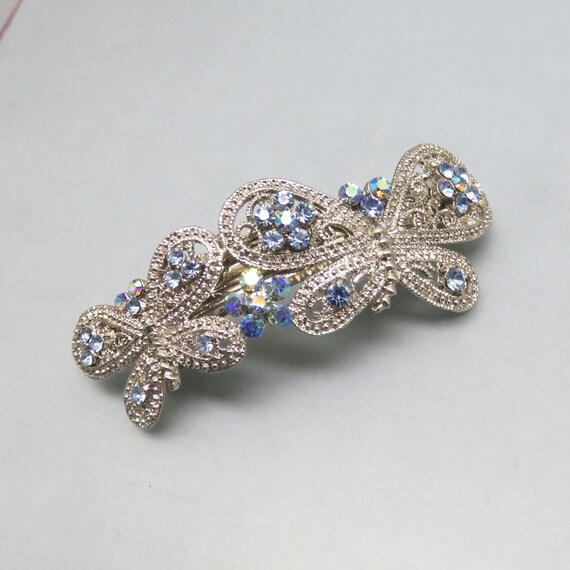 Blue & Clear Rhinestone Butterfly Barrette Silver Toned Metal Hair Clip Vintage Vintage Hair Barrette Butterfly Blue and Smokey Rhinestone  main image 4