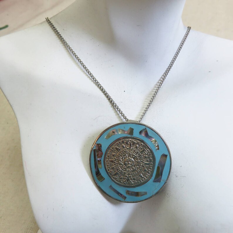 Vintage 1970s Abalone Shell Mayan Calendar Necklace Alpaca Silver Mayan Calendar Pin or Pendant