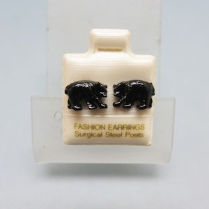 Tiny Black Enamel Grizzly Bear Pierced Earrings, Mint, Never Used