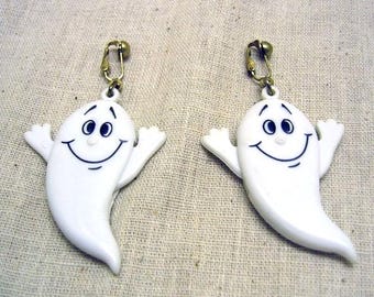 1980s BIG Plastic Ghost Clip Earrings, Halloween Earrings