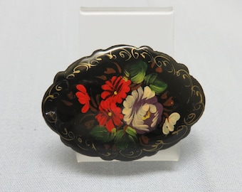 Vintage Russian Floral Tole Painted Brooch