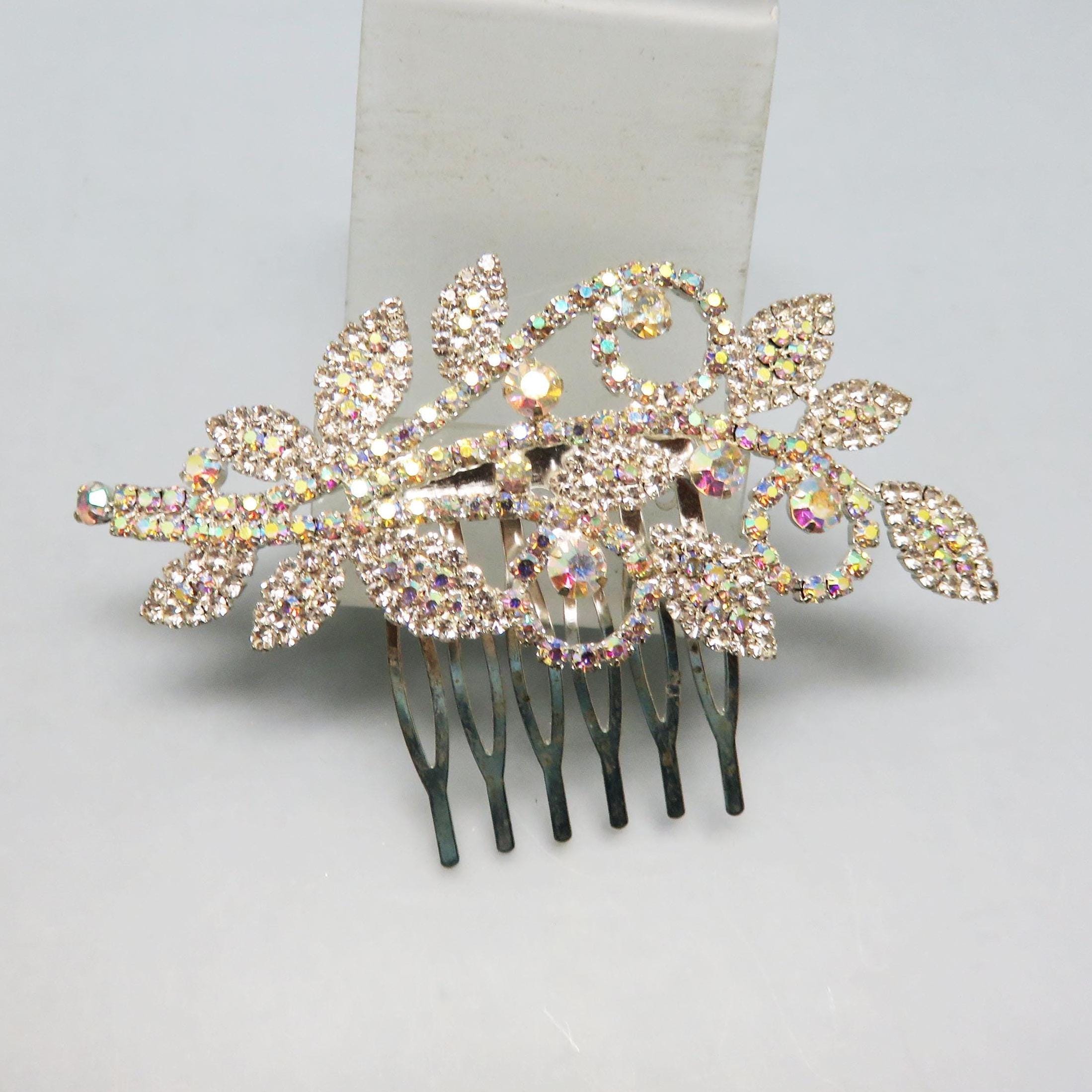 Vintage Aurora Borealis Rhinestone Hair Barrette, Open  display picture 1