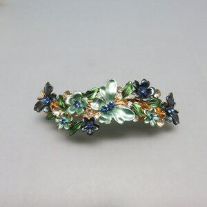 Vintage,Green and Blue Butterflies and Flowers Rhinestone Hair Barrette