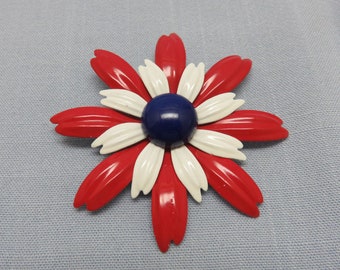 1960s  Daisy Flower Brooch or Pin, Red, White, and Blue, BIG
