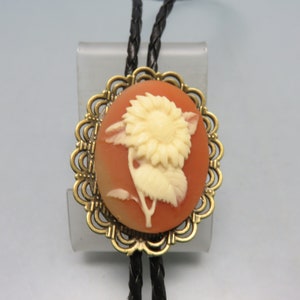 Vintage Resin Floral Cameo Bolo Tie,  Handmade, Brown and Beige Sunflowers Cameo