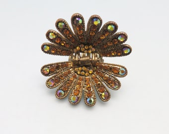 Vintage Golden Rhinestone Hair Clip , Antique Goldtone Metal