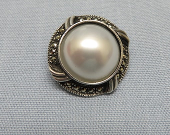Sterling Marcasite Brooch  or Pin, Faux Pearl, Petite