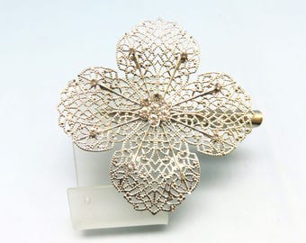 Vintage Rhinestone Flower Hair Clip: Antique Silver Lacy Filigree