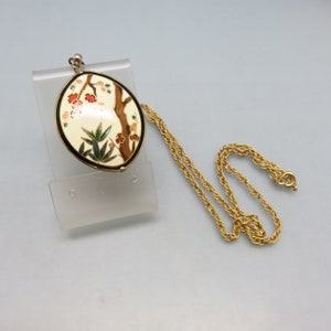 1980s Cherry Blossom Cloisonne' Enamel Pendant Necklace, Gold Plated Chain