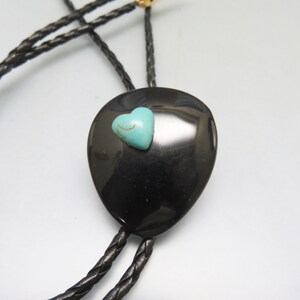 Handmade Big Oval Black Onyx Bolo Tie, Made in Montana, Turquoise Heart Accent