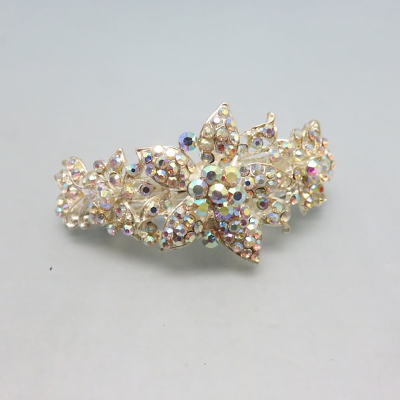 Vintage Double Bow Barretts with Borealis Aurora and Clear Crystals 1950s Aurora Borealis Crystal Beaded Two Row Necklace  main image 4