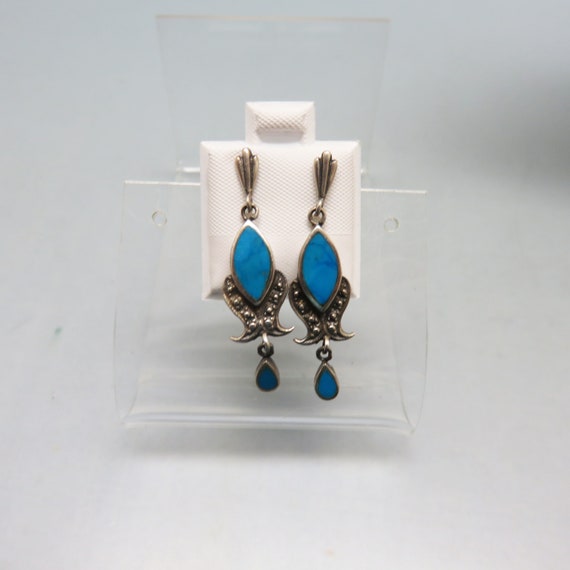 Vintage Turquoise Inlay and Sterling Silver Pierc… - image 2