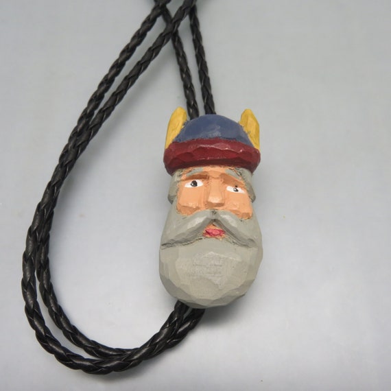 Vintage Carved and Painted Wood Viking Head Bolo … - image 1