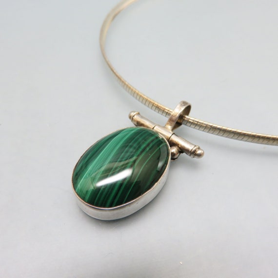 Sterling and Malachite Necklace, Omega Chain, Big… - image 1