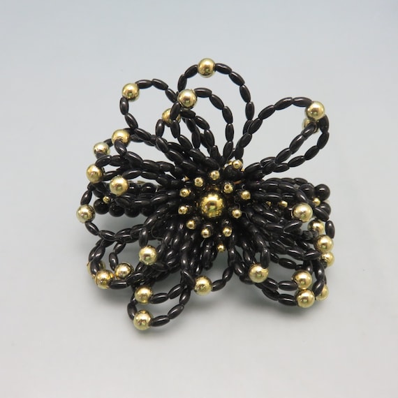 Fabulous Vintage Black Beaded Flower Barrette , C… - image 1