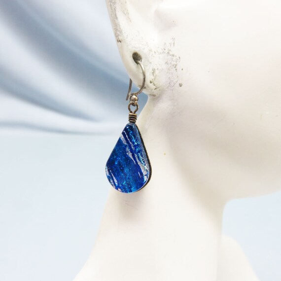 Blue Dichroic Glass Pierced Earrings,  Vintage Pi… - image 3
