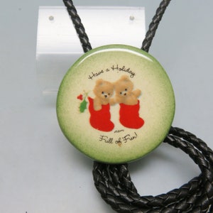 Holiday Fun, Teddy Bears in Christmas Stockings, Porcelain Bolo Tie