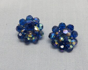 Austrian Crystal Clip Earrings, Blue Aurora Borealis Faceted Beads