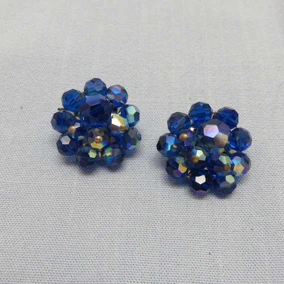 Austrian Crystal Clip Earrings, Blue Aurora Borea… - image 1