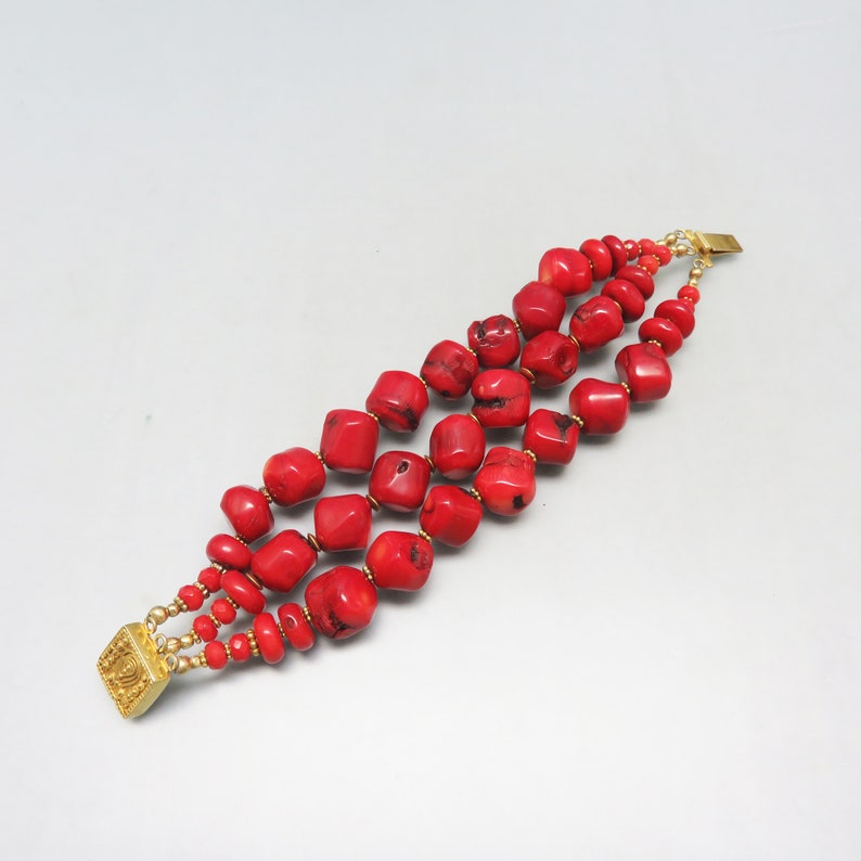 1980s Vintage Dyed Blood Coral Chunk Bracelet , Sterling Vermeil image 3