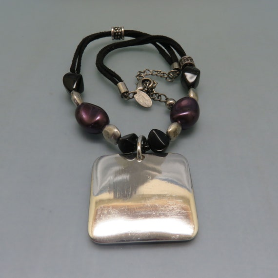 Vintage Laura Ashley Necklace: Silver Resin Pendant, Purple Beads