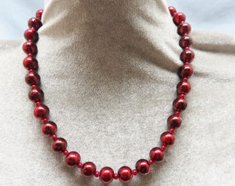 Vintage Cranberry Art Glass Bead Necklace, 20 Inches