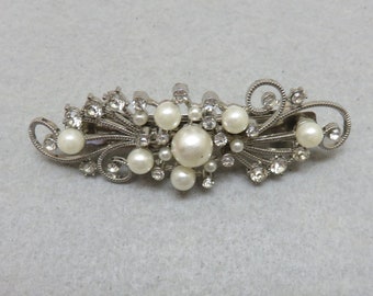 White Pearl and Rhinestone Vintage Hair Barrette