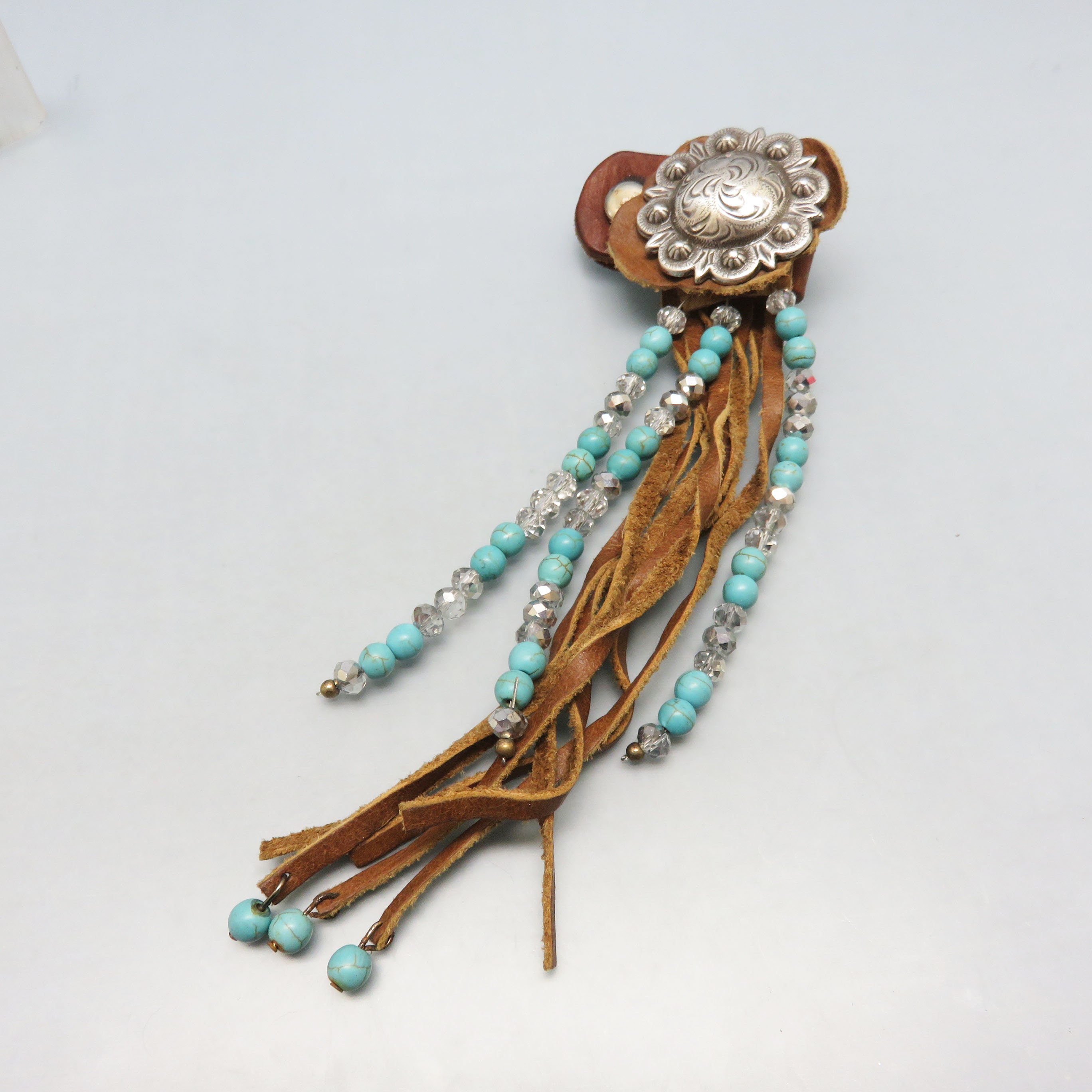 Blue Beads, Brown Leather Ponytail Holder, Concho Southwestern Style