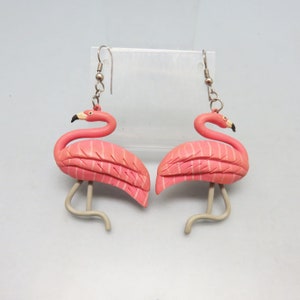 Flamingo Pierced Earrings, Fun, 1980&#39;s, Pink and Gray Soft Plastic, Light to Wear