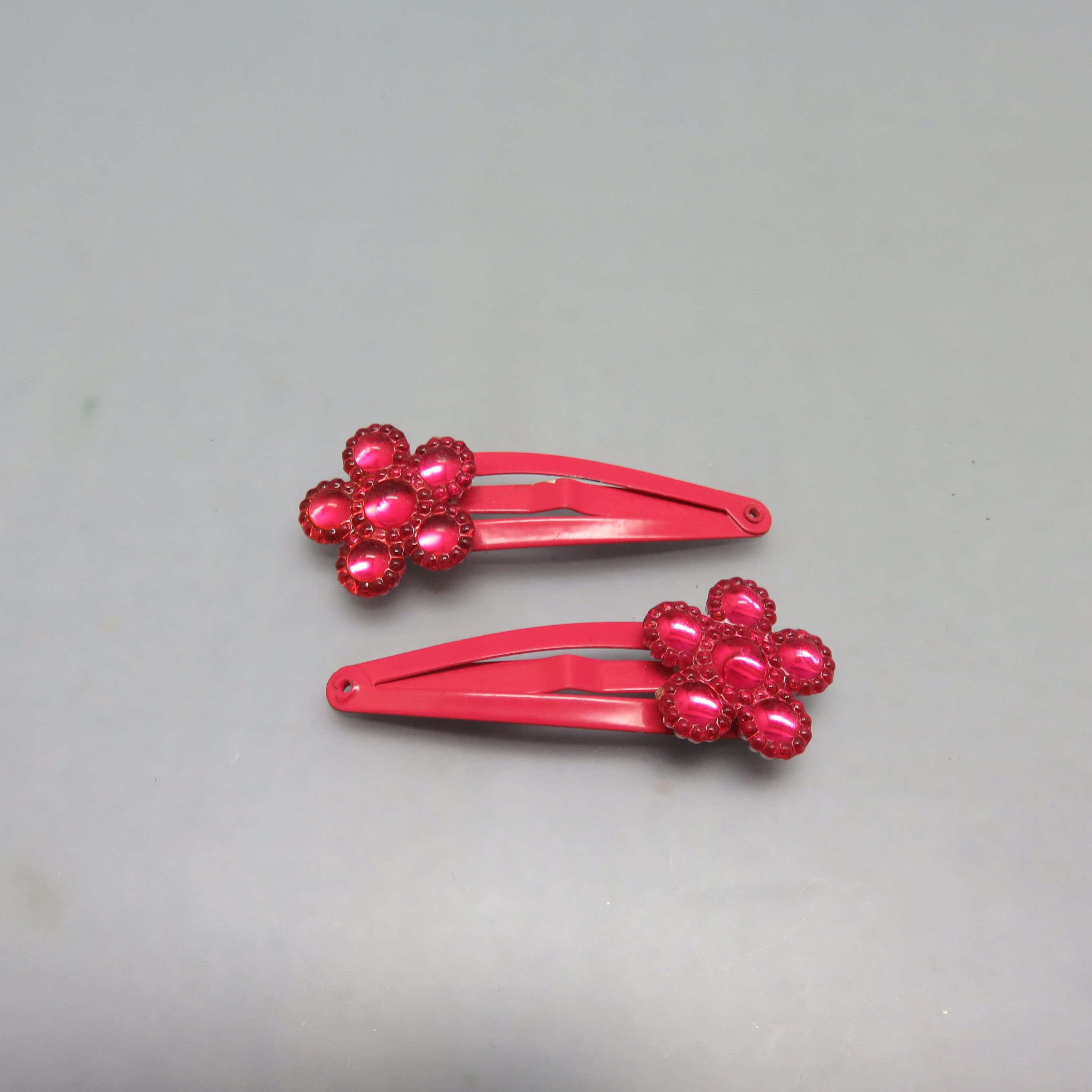 Pair of Red Hair Clips Vintage Red Plastic Flower Barrettes Israel