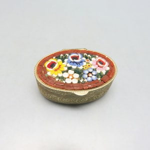 Vintage Italian Mosaic Flower Brass Pillbox or Trinket Box