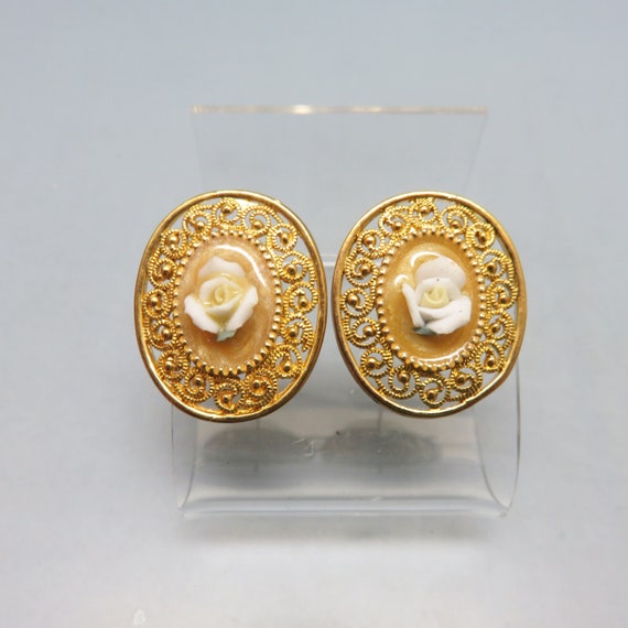 Classic Vintage Bisque Porcelain Rose Pierced Earrings 1928 
