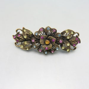 Vintage Antique Gold Hair Barrette, Colorful Rhinestone Accents