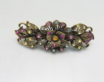 Vintage Antique Gold Hair Barrette, Colorful Rhinestone Accents