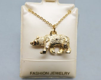 Diamond Cut, Gold Plated Grizzly Bear Necklace, Vintage,  18 Inch Chain