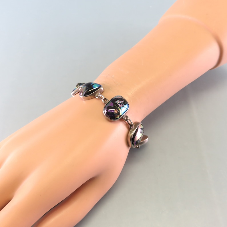 Sterling and Dichroic Glass Link Bracelet Vintage 7.50 Inches