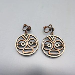 Coro Polynesian Face Clip On Earrings, Vintage Copper Earrings