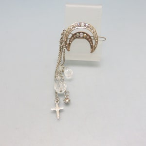 Rhinestone Crescent Moon Dangle Barrette: Silvertone Hair Clip
