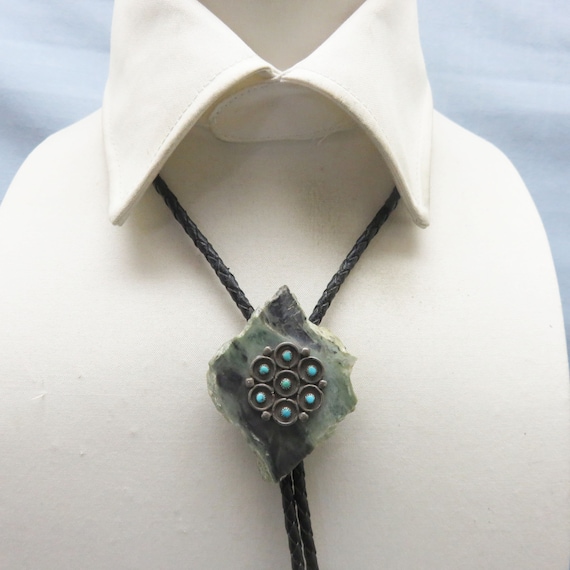 Sterling and Turquoise Bolo Tie, Handmade Gray Gr… - image 2