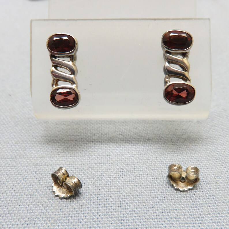 Double Garnet Pierced Earrings Sterling Silver Earrings Modern Design