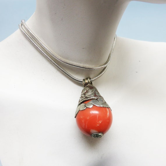 Sterling Setting, Faux Coral Pendant Necklace, Vi… - image 1