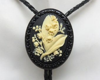 Vintage Resin Floral Cameo Bolo Tie,  Handmade, Black and Beige Lily of the Valley Cameo