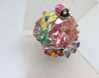 1980s Huge Pink Cubic Zirconia Floral Ring -- Size 7.5