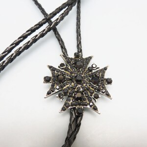 Black Rhinestone Bolo Tie, Vintage, Maltese Cross Design