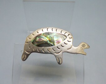 Turtle Brooch, Mexican Alpaca Silver Brooch, Abalone Shell Inlay, Vintage Pin