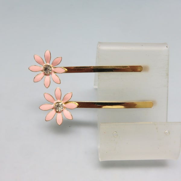 Set of 2 Vintage Rhinestone Pink Daisy Bobby or Hair Pins