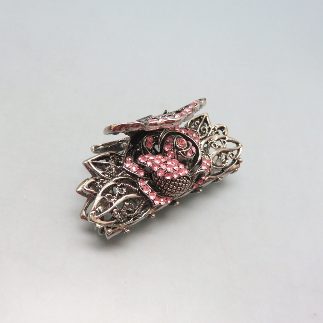 Vintage Baby Pink Rhinestone Hair Clip, Fancy Silver Filigree Hair Clip ...