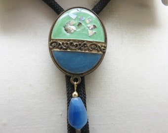 Gorgeous 1960s Blue and Green Enameled Western Bolo Slide and Tie