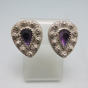 Purple Rhinestone Clip On Earrings, Vintage Silver Clip On Earrings
