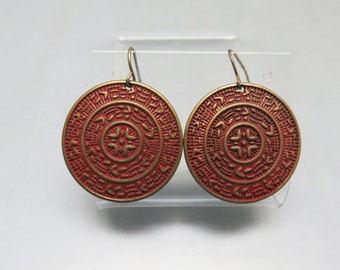 Rust Red and Gold Ethnic Pierced Earrings, Disc Earrings